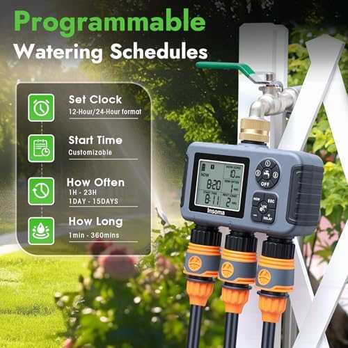 Insoma Water Timer with Brass Inlet, 3 Independent Zones Outdoor Hose Timer for Garden Faucet with Auto/Manual/Rain Delay Mode, IPX5 Waterproof, Sprinkler Irrigation Controller for Yard Lawn