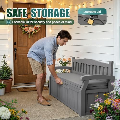 Devoko 80 Gallon Storage Bench with Cushion, Deck Box Waterproof&Lockable