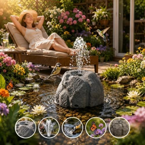 Solar Powered Rock Water Fountain, with Dry Run Protection, Resin Imitation Granite Bird Bath Fountain Pump, Outdoor Decorative Fountain for Garden, Patio & Backyard Landscape Decor，Type B