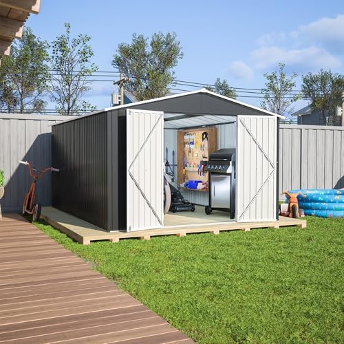 Storage Shed 10x12 FT, Large Metal Tool Shed for Outdoor Storage, Galvanized Steel Garden Shed with Lockable Doors for Patio, Backyard, Lawn, Black