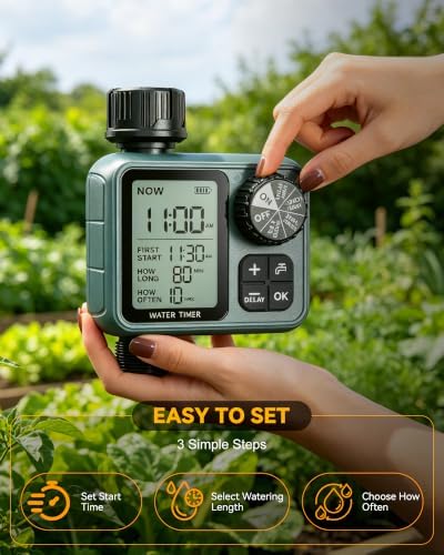 Programmable Water Timer for Garden Hose, Outdoor Sprinkler Timer with Rain Delay & Manual Mode,Inlaid Brass Connector Irrigation Controller for Lawn Yard Landscape, 1 Outlet Large LCD Display