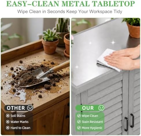 Outdoor Potting Bench with Storage Cabinet and Metal Top, Wood Workstation for Outdoor Patio, Garden (Light Grey, 31x17x36‘’)