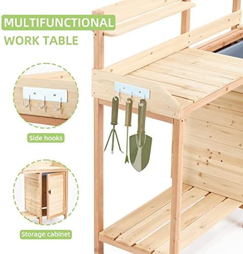 Outdoor Wooden Potting Bench Table with Sink, Garden Table Work Bench with Storage, Workstation for Outside Patio Lawn, Natural