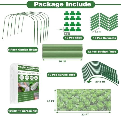 Garden Mesh Netting Kit, 10x33FT Ultra Fine Mesh Netting with 6 Sets Fiberglass Garden Hoops & 12 Clips for Tree Fruit Barrier Vegetable Fruits Flowers Shrubs Plant Covers Net