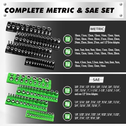 10-Piece Magnetic Socket and Wrench Organizer Set, 1/4", 3/8", 1/2" Drive Metric SAE Socket Organizer, Magnetic Wrench Holder 30 Slots Total, Tool Box Organizers (Sockets Wrenches not Included)
