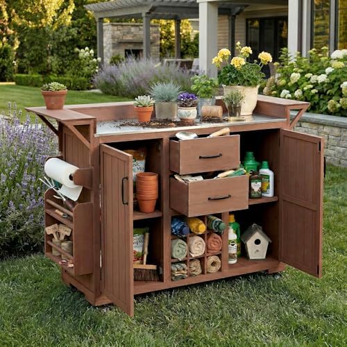 Modern 60.2''W Outdoor Kitchen Island with Wheels,Rolling Patio BBQ Cart with Stainless Steel Top,Wood Grill Cart with Spice Rack&Wine Rack,2 Drawers (Brown-T)