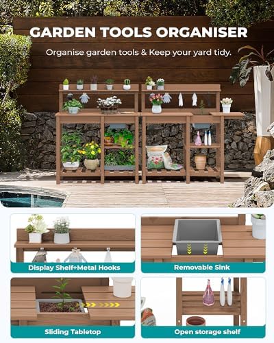 SERWALL Outdoor Potting Bench with Removable Sink,Gardening Table,Brown