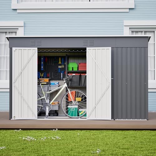 YOPTO 10x4 FT Outdoor Storage Shed, Metal Sheds with Floor Base & Open Firewood Storage,Steel Garden Shed with Lockable Doors,Sloped Roof,Windows, 2 in 1 Large Tool Shed for Patio, Backyard, Lawn.Gray