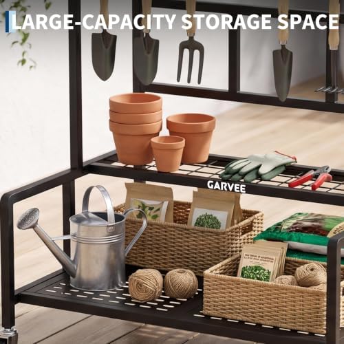 3-Tier Garden Tool Organizer with Wheels, Heavy-Duty Steel Garage Rack