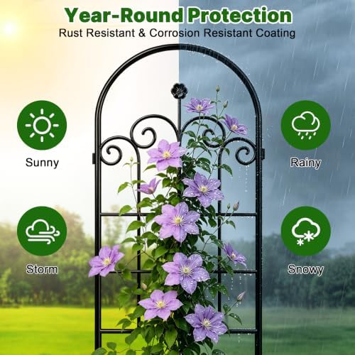 71x40in Rustic Iron Garden Trellis, Weatherproof Black Metal Arch Decorative Flower Support for Climbing Outdoor Plants, Roses, Ivy, Vegetables, Anti-Rust Heavy Duty Plant Stakes