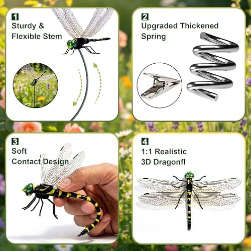 24 Pack 3D Dragonfly Clips, Fake Dragonflies with Stakes, Realistic Plastic Dragonfly Garden Decorations, Fly Deterrent Clips for Hats, Pets, Horses, Deer, Yard, Patio, Indoor & Outdoor Decor