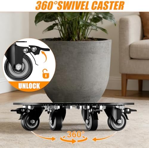 KAXIWEI Plant Caddy with Wheels, Heavy Duty Aluminum Plant Stand, 3.0mm Thick Rolling Plant Dolly Supports up to 500 lbs, Fits 12 Inch Pots for Indoor Outdoor Patio Garden, Black