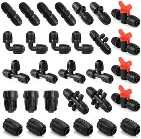30 Pack 1/2 Inch Drip Irrigation Fittings Kit (1/2" ID x 0.6-0.65" OD), 1/2" Dripline Lock Nut Barbed Connectors - 4 Tees, 4 Couplings, 4 Elbows, 4 Valves, 6 Plugs, 3 Adapters, 5 Reducers
