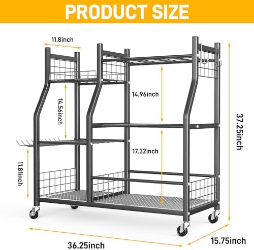 Garden Tool Organizer Stand, Garage Tool Storage Rack with Wheels