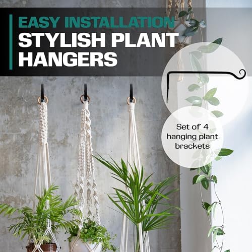 Plant Hanger Bracket for Outdoor - Heavy Duty Hanging Plant Hooks - Forged Wrought Iron Flower Pot Hangers - Black Hanging Hooks for Bird Feeders, Planters, Lanterns - Set of 4