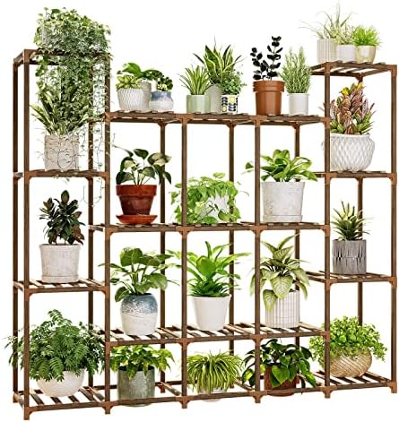 Bamworld Large Plant Shelf Indoor Plant Shelf Outdoor Tall Wood Plant Holder for Living Room Multiple Plants Patio Balcony Garden 17 Pots