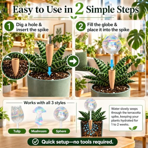 Non-Clogging Iridescent Ball Plant Watering Globes with Terracotta Spikes, Hand Blown Glass Self Watering Planter Insert, Watering Bulbs for Multi-Plant Households (3 Pack)