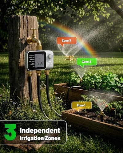 [All-New 2027] 3 Zone Sprinkler Timer with Brass Inlet, Unistyle Water Timer for Garden Hose with Rain Delay/Manual Watering/Automatic Irrigation, Hose Timers with Large LCD for Yard and Lawn Patio