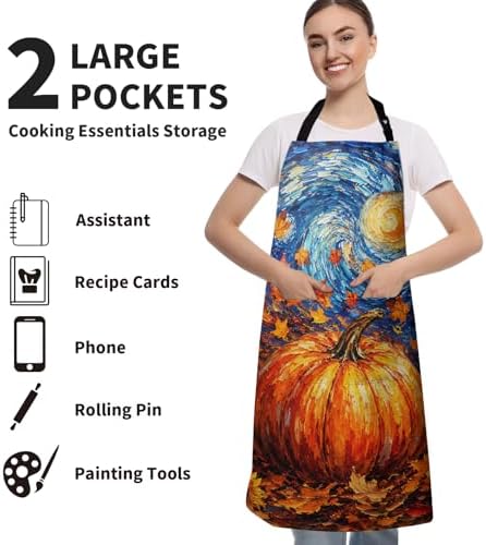 Fall Thanksgiving Aprons Van Gogh Starry Night Pumpkin Kitchen Apron with Two Pockets Maple Leaves Sunflower Cooking Apron with Adjustable Neck Strap for Baking Crafting Painting