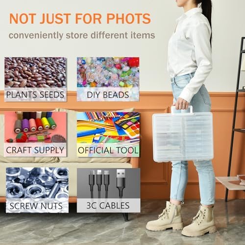 ALINK Photo Storage Box with Handle, 4" x 6" Photo Case Craft Keeper Organizer Container with 16 Inner Case and Label for Pictures, Arts, Crafts, Sewing, Stickers, Office Supplies - Clear