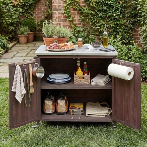 42.1" Outdoor Kitchen Island with Side Shelf,Patio Grill Cart with Storage,Stainless Steel Top, Adjustable Shelf and 4 Wheels,for Pizza Prep (Dark Brown-P)