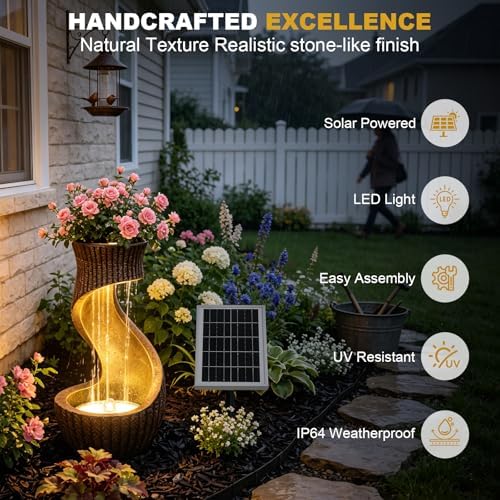 Solar Water Fountain Outdoor with LED Lights & Planter S-Shaped Waterfall