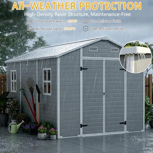PIPLEO 8x12 FT Resin Outdoor Storage Shed with Floor, Plastic Garden Storage Shed with Lockable Door & Vent, All Weather Versatile Tool Shed for Backyard, Patio, Lawn, Cloud Gray