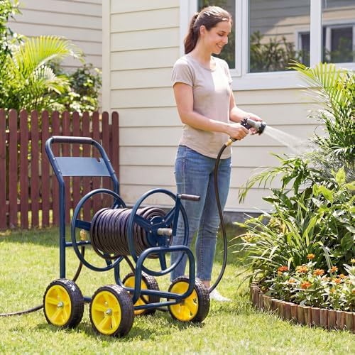 Garden Hose Reel Cart, Mobile Water Hose Cart with Heavy-duty Metal Frame & 4 Solid Wheels, Hold up to 330 ft of 5/8" Hoses, Outdoor Planting Tool for Lawn & Backyard (Navy Blue)