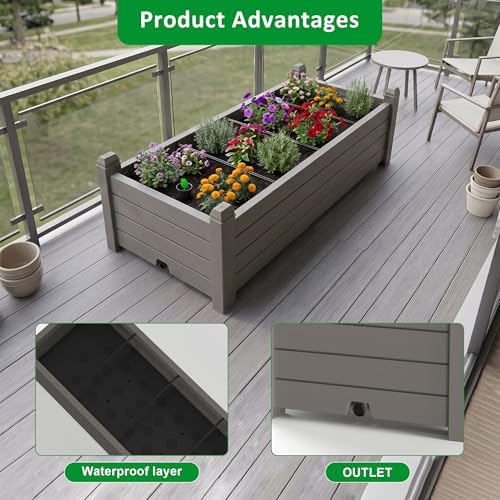 Raised Garden Bed, Self-Watering Resin Planter Box, Planter Boxes Outdoor with Drain Plug for Vegetables, Flowers, Plants(Grey)