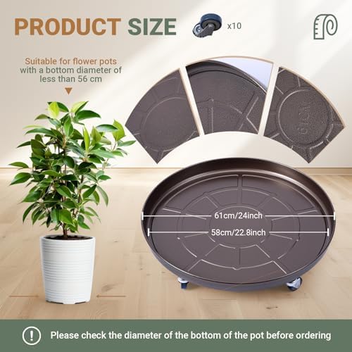 Briwooody 1 Pcs 24 Inch Large Round Plant Saucer with Lockable Wheels Flower Plant Trays Heavy Duty Round Water Catcher Easy to Move for Pots Indoors Outdoor Garden (Copper Gold)