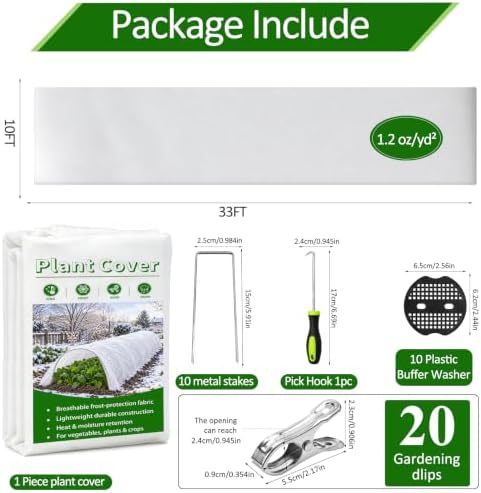 10x33ft Frost Cloth Kit with Clips & Stakes | Plant Freeze Garden Cover