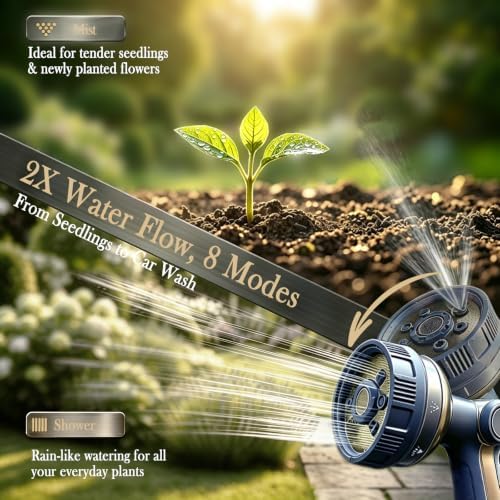 Heavy Duty Metal Garden Hose Nozzle, Beige Zinc Alloy Water Sprayer with 8 Spray Patterns, Thumb Flow Control and TPR Comfort Grip, 3/4 Inch Hose Connection for Lawn Care and Outdoor Cleaning