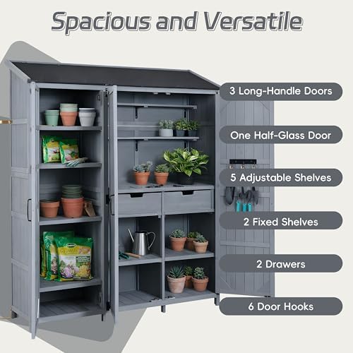 Merax Outdoor Wood Large Garden Storage Shed with Waterproof Roof, Patio 3 Doors Storage Cabinet with Workstation, 7 Storage Shelves, 2 Drawers and 6 Hooks for Backyard, Gray