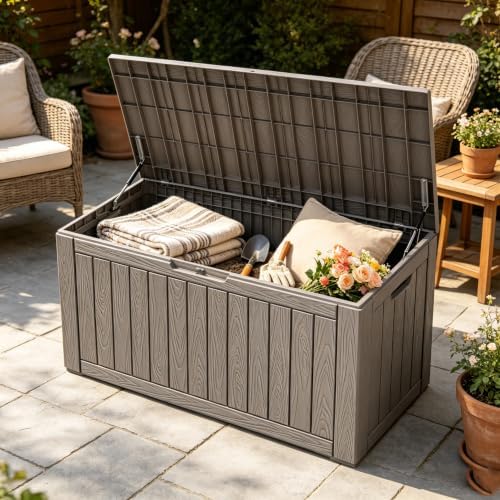 Fancyango 85 Gallon Large Outdoor Storage Deck Box Waterproof, Grey