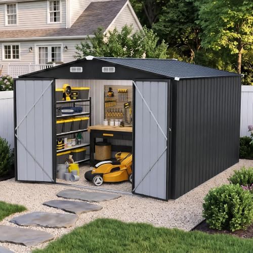 LAUSAINT HOME 10 x 12 FT Outdoor Storage Shed, Heavy Duty Galvanized Steel Storage Shed with Double Lockable Doors, Gable Roof & Air Vent for Backyard, Black
