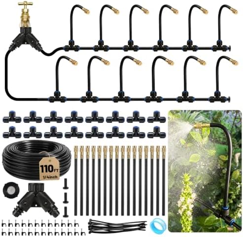 Riboud 110Ft Drip Irrigation System, 2026-Upgrade Garden Watering Kit with 16 Adjustable Copper Rotating Arm Nozzles, 360° Flexible Spray Irrigation Kit for Raised Beds, Lawn, Greenhouse