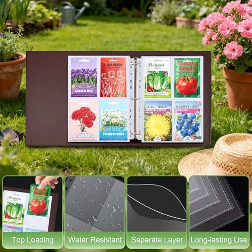 A4 3 Ring Binder Garden Seeds Storage Album with 30 Pcs 3.5x5” Seed Packet Sleeves, PU Leather Hardcover Organization Book for Seed Packet，Photo, Index Card，240 Top Loading Pockets Capacity