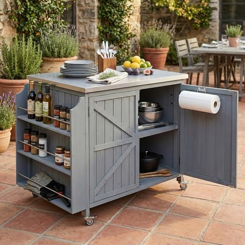 42.1" Outdoor Kitchen Island with Side Shelf,Patio Grill Cart with Storage,Stainless Steel Top, Adjustable Shelf and 4 Wheels,for Pizza Prep (Grey Blue-P)