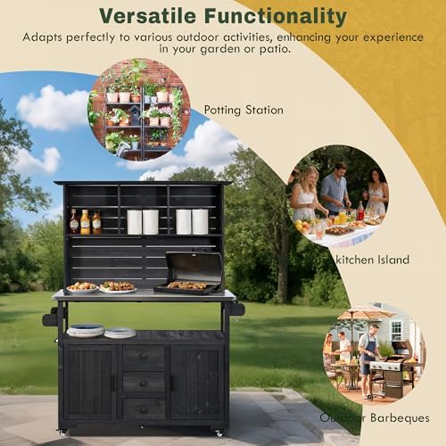 47.2" L x 65" H Outdoor Potting Bench with Cabinet & Hutch, Solid Wood Outdoor Kitchen Island with Stainless Steel Top, Rolling Workstation with Lockable Wheels, Drawers & Shelves for Patio BBQ