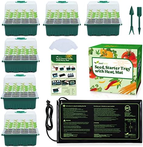 7-Pack Seed Starter Tray with Heat Mat (12 Cells per Tray), Plant Germination Trays with Adjustable Humidity Dome Seed Trays Seedling Starter with Base Trays for Germination