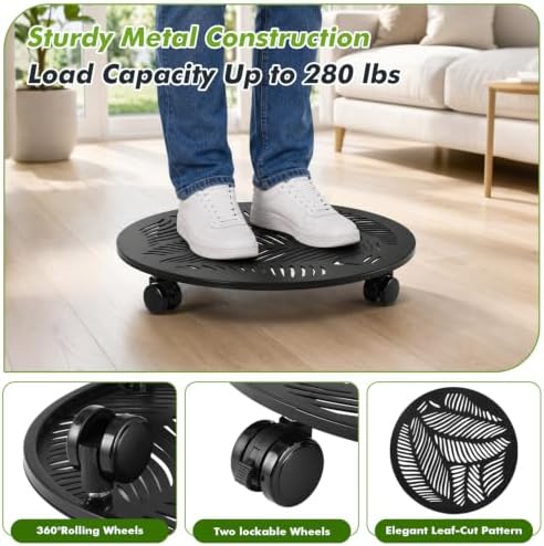 Planterhoma 2 Packs 15 Inch Rolling Plant Stand with Wheels Metal Plant Caddy with Wheels Heavy Duty Plant Rollers with Metal Wheels Round Wrought Iron Plant Stand with Tropical Leaf