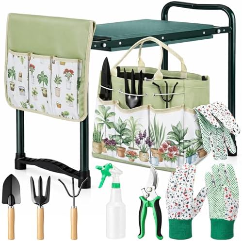 9 Pcs Garden Kneeler and Seat with Gardening Tools and Pouch Heavy Duty Gardening Stools for Seniors Foldable Garden Stool Gifts for Women Mom Employees Yard Outdoor Work Gift