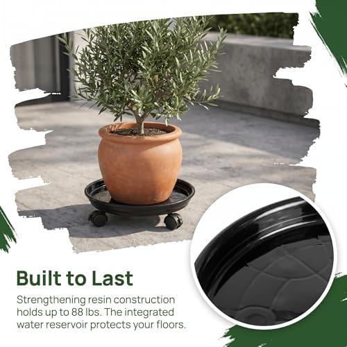 Fasmov 3 Pcs Plant Pallet Caddy Plant Stand Round Flower Pot Mover, Plant Pot Pallet Dolly Caster with Universal Wheels (Black)