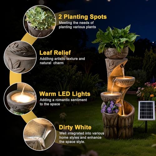 35.6" Solar Outdoor Water Fountain - Relief Leaf Design 4 Tiers Fountains