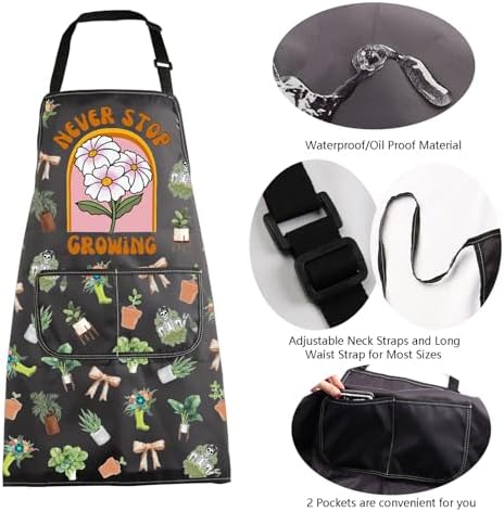 MBMSO Plant Themed Apron with Pockets Never Stop Growing Gifts for Plant Lover Garden Planting Apron for Gardener Lady Gifts