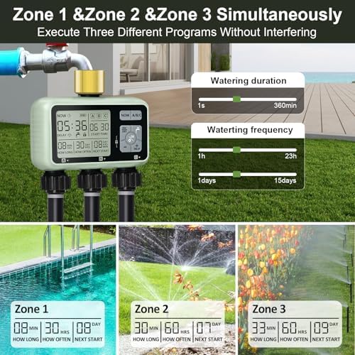 Watering Timer 3 Zone with Brass Inlet, Sprinkler Timer, Programmable Garden Outdoor Hose Faucet Timers with Rain Delay, Auto & Manual Watering System,Water Hose Irrigation Timers 3 Outlet for Garden