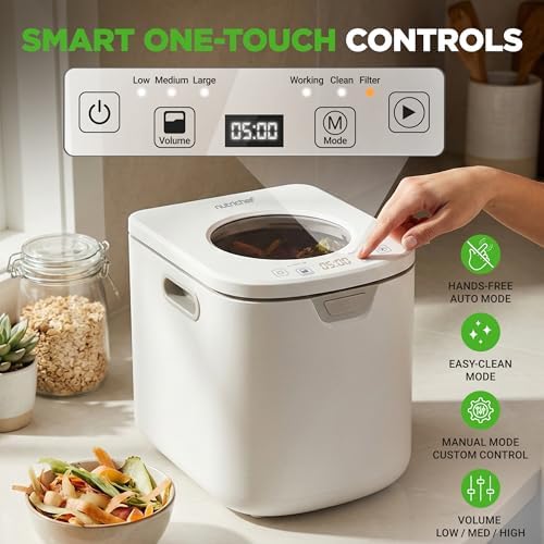 NutriChef 4 Quart Electric Kitchen Composter | Smart Countertop Composter Includes 2 Odorless Carbon Filters | Electric Compost Bin for Indoor Use | 3 Volume Based Modes Small, Medium & Large | White