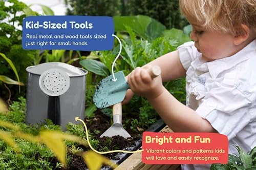 Gardening Set, Tool Kit, for Kids, STEM, Includes Tote Bag, Spade, Watering Can, Rake, Fork, Trowel and Gloves (Camo Quest)