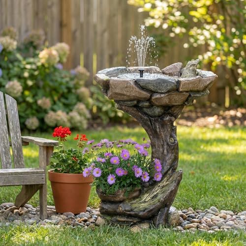 Solar Power Bird Bath Fountain Outdoor with Stone & LED Lights, Resin Bird Water Fountain, 24" Garden Water Feature, Electric Outdoor Water Fountain for Patio Yard