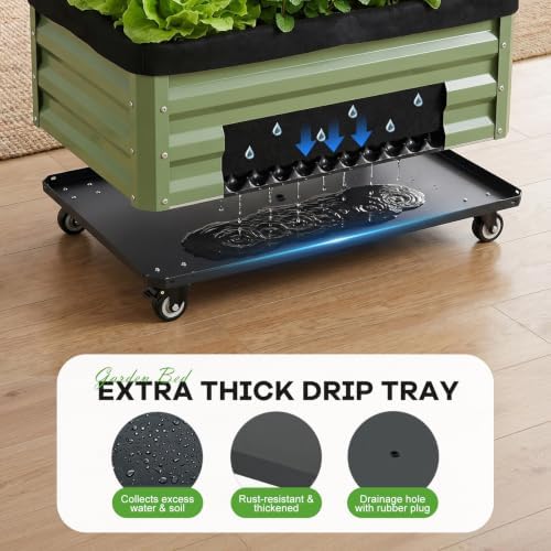 Raised Garden Bed with Wheels, 31.5" x 17.7" Metal Elevated Planter Box with Drip Tray, Mobile Raised Garden Bed with Lockable Metal Casters for Vegetables, Herbs & Flowers (2, Olive Green)